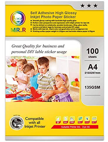 MR.R 135gsm/m² Inkjet A4x100 Blatt Fotopapier glänzend selbstklebend Glanzpapier Hochglanz Blanko Etiketten für Ausdrucke in Fotoqualität Bedruckbar Aufkleber Selbstklebendes