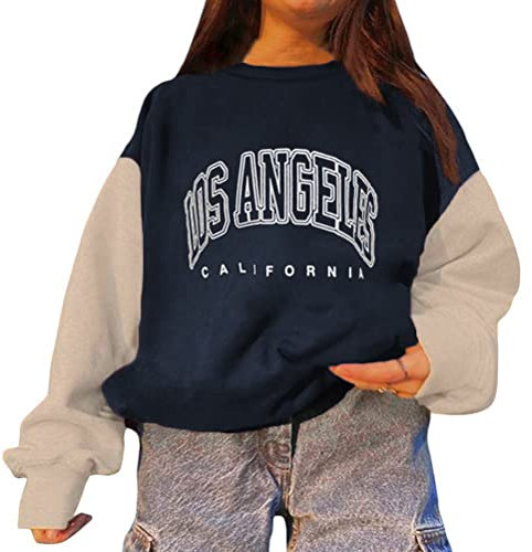 Tomwell Damen Sweatshirt Buchstaben Druck Langarm Rundhals Pullover Warm Pulli Oversized Casual Bequem Teenager Mädchen Hoodie Sportbekleidung Lang Tops W Marineblau XS