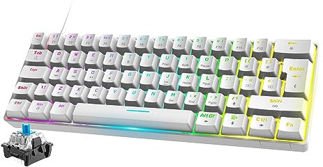 Mini 60% RGB Gaming-Tastatur,Mechanischer Blaue Schalter mit Kompakten 62 Tasten,18 RGB LED-Chroma-Hintergrundbeleuchtung, Abnehmbares USB-Typ-C-Kabel,UK-Layout, Ergonomic for PC Mac Laptop-Weiß