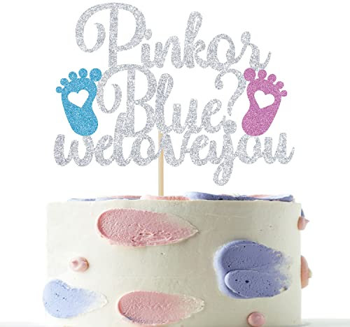 Pink Or Blue We Love You Cake Topper, Boy Or Girl, He Or She, Gender Reveal Party Decorations(Sliver, Blue and Pink)