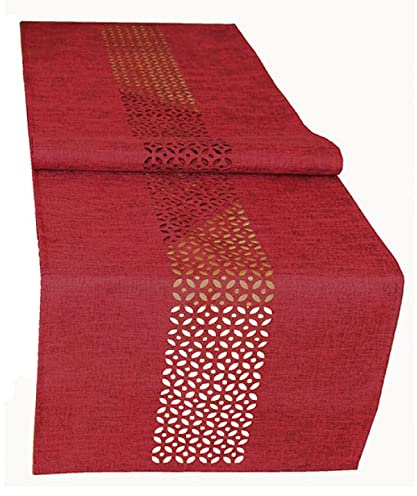 Tischdecke Mitteldecke Tisch0läufer Kissenhülle Leinenoptik dunkelrot meliert mit dekorativer Lochstanzung Durchbrochene Ornamente (40 x 140 cm)