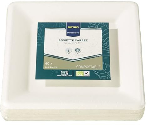 METRO Professional - Lot de 40 assiettes en carton jetables durables compostables blanches carrées 26 x 26 cm