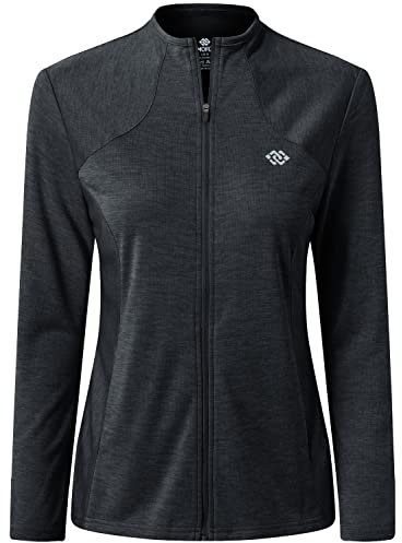 MoFiz Damen Laufjacke Leicht Sportjacke Trainingsjacke Langarm Frühling Sommer Fitness Wandern Yoga Jacke Atmungsaktive voll Reißverschluss mit Taschen ohne Kragen Dunkelgrau L