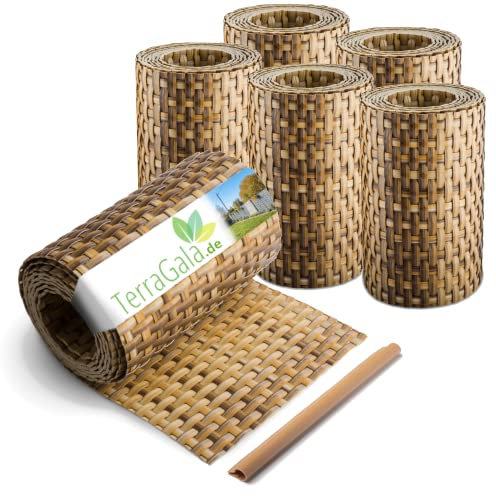 TerraGala 6er Pack Rattan Sichtschutz-Streifen, Sichtschutz für Stabmattenzaun, Flechtoptik, 255cm x 19cm, inklusive Befestigungsclips (6, Strohfarben)