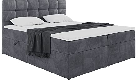 MEBLINI Boxspringbett mit Bettkasten - Gepolstert Doppelbett mit Matratze und Topper - Polsterbett mit Stauraum - Bett mit Kopfteil - Stauraumbett - TAPO 2-140x200 - H3/Dunkelgrau Samt