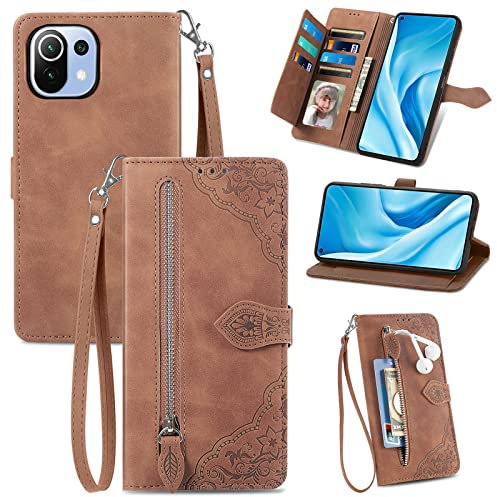 MOJIA Coque Porte Monnaie pour Xiaomi Mi 11 Lite 5G / 4G / 11 Lite 5G NE, Etui Portefeuille en Cuir PU avec Cover en TPU, Etui Multifonctionnel Porte-Cartes avec Dragonne. Marron