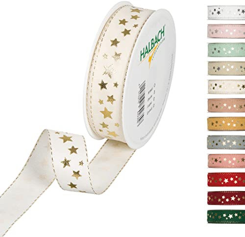 Halbach Seidenbänder 295 Sterne Geschenkband Weihnachten, Polyester, Creme, 2.5 cm