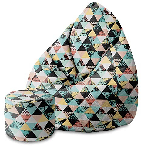 DreamRoots Sitzsack Kinder 70x70x105cm - Sitzsack mit Lehne und Hocker und Bezug - Sitzkissen Boden - Chill Sack Bubibag mit Füllung S-Geo1