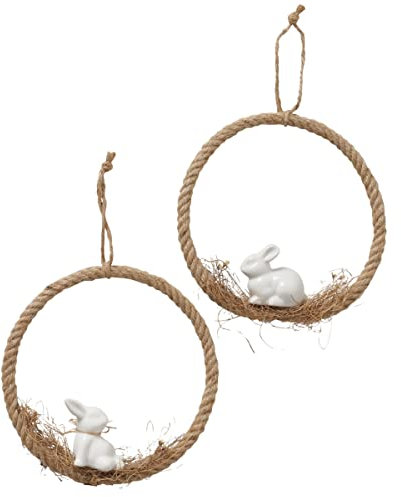 RiloStore 2er Set Dekohänger 22cm rund mit Häschen Porzellan Weiss n919 Osterhänger Wandschmuck Osterdeko Hase Türkranz 2 Stück Osterhasen Ostern Mobile Osterkranz Dekokranz Wohnaccessoire