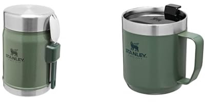 STANLEY Classic Legendary Fiambrera Termica 0.4L Hammertone Green with Spork & Classic Legendary Camp Mug Termo Café 0.35L Hammertone Green - Aislamiento al Vacío de Doble