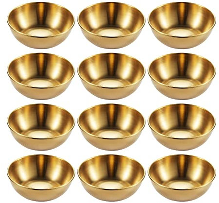 Hayuhone Sauce Dishes 12PCS 9cm Stainless Steel Sauce Bowl Mini Individual Round Seasoning Dishes Sushi Dipping Bowl Appetizer Plates (Gold)