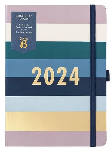 Busy B - Busy Life Terminkalender von Januar bis Dezember 2024 - Streifen - A5 Wochenplaner mit doppeltem Terminplaner, Stifthalter und Steckfächern