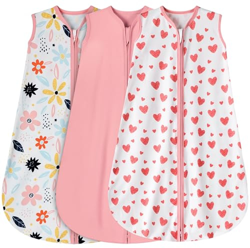 BSTOPPT 3 Pack Baby Sleep Sack 0-6 Months 100% Rayon Cotton Baby Sleeping Bag 2-Way Zipper Toddler Wearable Blankets Comfy Stretchy Lightweight TOG 0.3 （Heart&Pink&Floral）