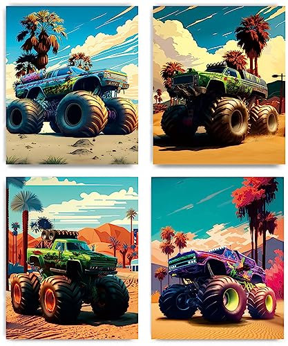 Monster-Truck-Leinwand-Wandkunst-Dekor, moderne Auto-Poster, Aquarell, Monster-Truck-Arena, Landschaft, Reise-Poster, Bild, Rennsport, Sport, für Teenager, Jungen, Schlafzimmer, Spielzimmer,