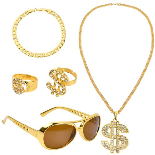 Chstarina Dollar Zeichen Halskette Ring Set 5 Stück, Hip Hop Kostüm Set, Punk Gold Kette, Rockstar Brille Rapper, 80er 90er Jahre Accessoires Herren, Fasching Karneval Requisiten