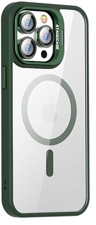 Leather Armor Kameraschutz für iPhone 13(6.1) Hülle [Kompatibel mit Magsafe] [Militärschutz Stoßfest] Hart Rückteil transparent 360 Grad Ständer Stoßfest Handyhülle iPhone 13(6.1)-Grün