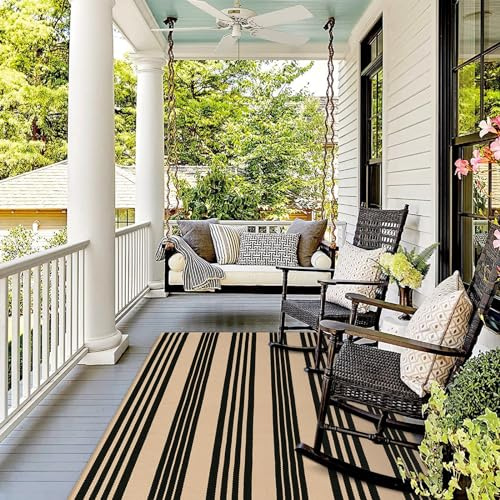 KIMODE Teppich für drinnen und draußen, waschbar, wendbar, schwarz und khaki, gestreift, Baumwolle, handgewebt, Terrassenteppich, Bodenteppich, Bauernhaus, Veranda, Frühlingsdekoration für