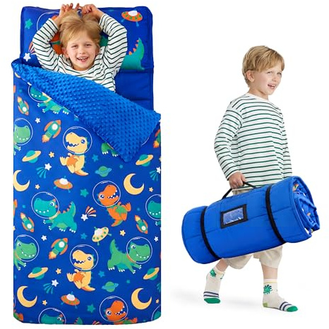 JOIEDOMI Toddler Sleeping Bag for Kids 55''x30'' Nap Mat with Removable Pillow and Minky Blanket for Toddler Ages 3-7 Roll Up Kids Sleeping Bag for Boys Girls Kindergarten Daycare Sleepover Dinosaur