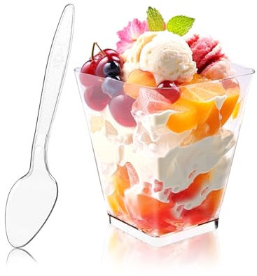 Hiasobre 50Pack 5oz Square Plastic Dessert Cups with Spoons, Reusable Clear Parfait Appetizer Cups, Mini Party Trifle Shooter Serving Cups, Dessert Shot Glasses for Tasting