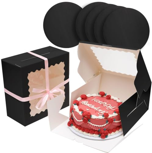 Gcardist 10x10x5 Inch Cake Box, 5 Sets Black Cake Box with Window & 5 Sets 10 Inch Black Cake Round Boards, Cake Containers(25.4x25.4x13cm)