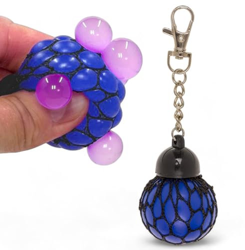 Bunter Antistressball im Netz – Quetschball Spielzeug, Sensorik, Stressabbau für Groß & Klein, Büro & Schule (Schlüsselanhänger Blau)