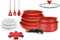 Arthur Martin, AMR94, batería de cocina de aluminio de 18 piezas con revestimiento antideslizante, que incluye sartenes, cacerolas, sartén para saltear, wok, tapas y utensilios - 20-28 cm, Rojo