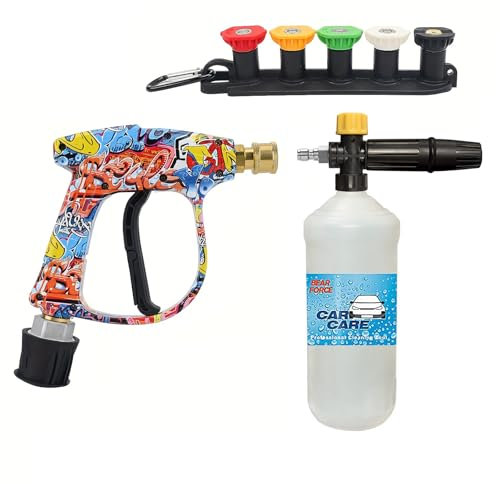 BEAR FORCE Pressure Washer Spray Gun M22- ID14MM with 1/4 Quick Connector Snow Foam Lance & 5 Spray Tips & Clip Nozzle Holder & Converter, Car Wash, for Bosch, for Nilfisk, for STIHL