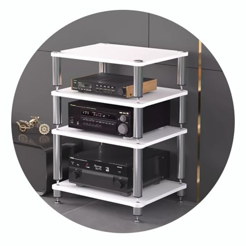 AV-Regal mit 4 Etagen, mit stoßdämpfenden Füßen, weiß, Audio-Video-Komponenten, Schrank für Plattenspieler-Geräte, 60 x 48 x 80 cm