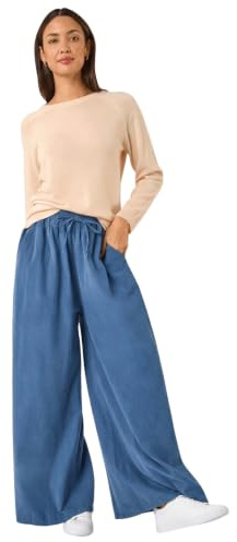 Roman Originals Baby Corduroy Wide Leg Trousers for Women UK - Ladies Everyday Autumn Winter Round Neckline Comfy Soft Evening Vacation Work Party Night Out - Denim - Size M