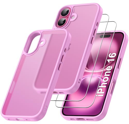 Qasyfanc Coque Protection Caméra Compatible avec iPhone 16 et 2 Pièces Verre Trempé, [Protection Militaire] Coque Antichoc Anti-Jaune Couverture à 360 Degrés, Rose