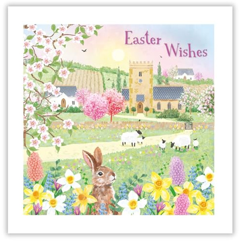Noel Tatt Easter Greeting Cards Pack of 6 - Easter Cards with Spring Countryside, Church, Rabbits and Lamb Design - General Multipack for Family, Friends and Children - 127 x 127mm