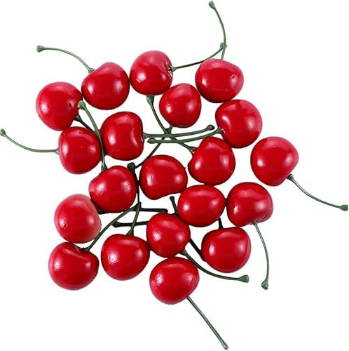 Hehglng 20 Pcs Red Artificial Cherries, Fake Cherry Model Lifelike Fruit Cherry Ornament, Desk Ornament Photography Prop, Home Kitchen Party Decoration, Plastic Cherries，Artificial Plants Fruit