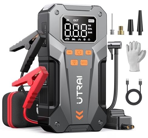 Jump Starter Power Pack with Air Compressor,UTRAI 6000A Car Battery Booster Jump Starters with Insulated Gloves/18W Fast Charging/Large LCD Display/LED Light (For All Petrol or 12L Diesel)