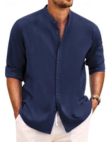 Yageshark Hemd Herren Leinenhemd Langarm Sommerhemd Button Down Stehkragen Hemden Freizeithemd Casual Regular Fit Strandhemd Leinen Shirt