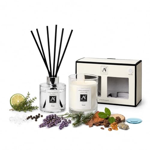 Aroma Naturals Duft-Geschenk-Box, Kerze und Schilfrohr-Diffusor, Glas, minimalistischer Luxe, 206 g, Metalldeckel mit Band, 100 ml Glas-Diffusorgefäß mit Metallkragen (Feroce)