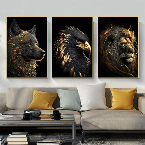 Wilde tiere Bilder Schwarz Gold Tier Poster, Löwe Bilder Moderne Wolf und Adler Kunst Leinwand für Wohnzimmer Wohnkultur Dekor Kein Rahmen (Schwarzes Gold-A, 30x40cm*3, Ungerahmt)