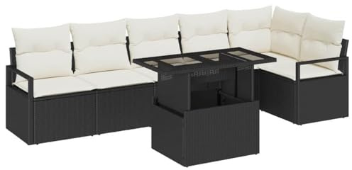 vidaXL 7-teiliges Garten-Sofa-Set mit Kissen in Schwarz aus Poly Rattan – Modulare Sitzmöbel für bis zu 6 Erwachsene. Langlebig und wetterfest. Bequem für Deine Terrasse, Lounge oder Patio.