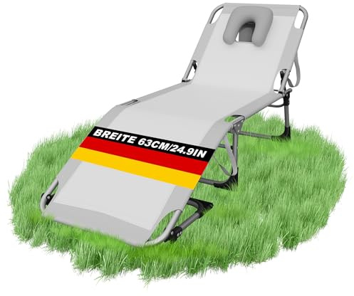 Suusolny Hellgrau Klappbare Sonnenliege mit Gesichtsöffnung & 3D-Kopfkissen | 3-Fach verstellbare Rückenlehne | Inkl. Tragegriffen & Seitentasche Gartenliege für Terrasse, Pool & Strand (190x60 cm)