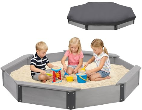 Achteckiger Holz-Sandkasten mit Abdeckung, 162 x 142 x 21 cm, großer Sandkasten für Kinder, Outdoor, Terrasse, Hinterhof, einfache und schnelle Montage