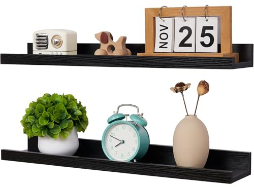 Conamily Wandregal Schwarz,Wandregal aus Massivholz 60cm 2er-Set | Massivholz Wandregal,Bilderregal mit Lippe für die Wanddekoration für Wohnzimmer, Küche, Schlafzimmer, Badezimmer