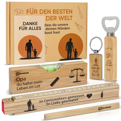 KootesDay Opa Handwerker Geschenk Set - mit Bieröffner | Zollstock | Zimmermannsbleistift | Schlüsselanhänger | Wasserwaage, Bester Papa Kreativer Geschenke für Vatertag (Opa)
