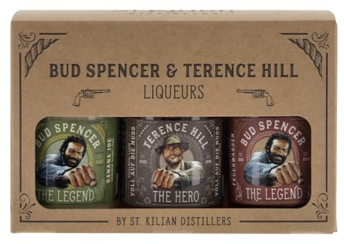 Bud Spencer und Terence Hill Likör Box - [3 x 50ml] - Deutsche Premium Liköre - Likör Geschenk Set - Fanartikel - Liköre Geschenke für Männer - Feuerwasser - Haselnusslikör - Banane