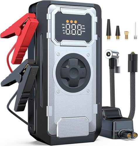 5000A Jump Starter Power Pack with Air Compressor, 150PSI Portable Car Battery Booster Jump Starter (10L Gas/8L Diesel Engines), Car Starter Power Bank with LED Light, Jump Leads, EVA Case