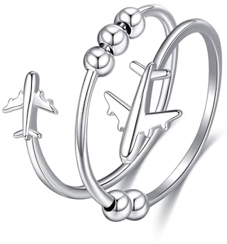 HUKKUN Geschenk für Flugbegleiterinnen Flugzeugring aus 925er Sterlingsilber Fidget Ring Flugzeugschmuck für Damen Größe 7