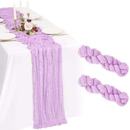 Showgeous 2 Pack Lilac Purple Cheesecloth Table Runner 10FT Lavender Boho Gauze Cheese Cloth Table Runners Romantic Rustic Sheer Table Decorations for Wedding Party Baby Shower Birthday Holiday Home