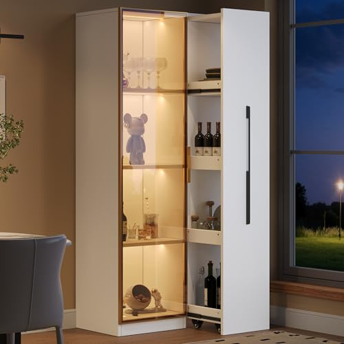 BTM Vitrine und Bücherregal mit Glastüren, Seitenauszug, Hochschrank Glasvitrine Stehend Vitrinenschrank mit LED Beleuchtung, Weiß