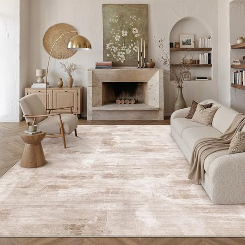 PureCozy Teppich Wohnzimmer 240x300cm Beige Braun Waschbar Kurzflor | Waschbarer Modern Abstrakter Groß Teppiche Gegend,Rutschfest Carpet,für Schlafzimmer,Esszimmer,Büro Carpet