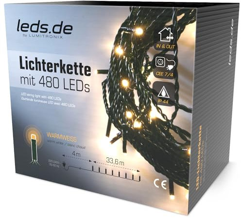 leds.de LED-Lichterkette für Außen und Innen, IP44 34m, 480 LEDs, warmweiß