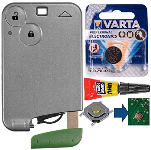 Repair Reparatur Satz Autoschlüssel Karte Smartkey Fernbedienung Austausch Gehäuse mit 2 Tasten + Notschlüssel Rohling + Drucktaste + Batterie kompatibel mit Renault Laguna 2 Espace 4
