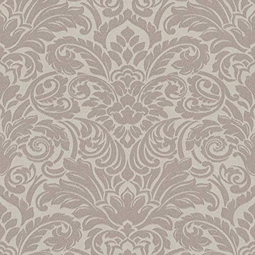 Ornament Tapete in Taupe Grau | Elegante Vliestapete mit Flock Muster im Barock Stil | Neobarock Wandtapete für Schlafzimmer und Wohnzimmer